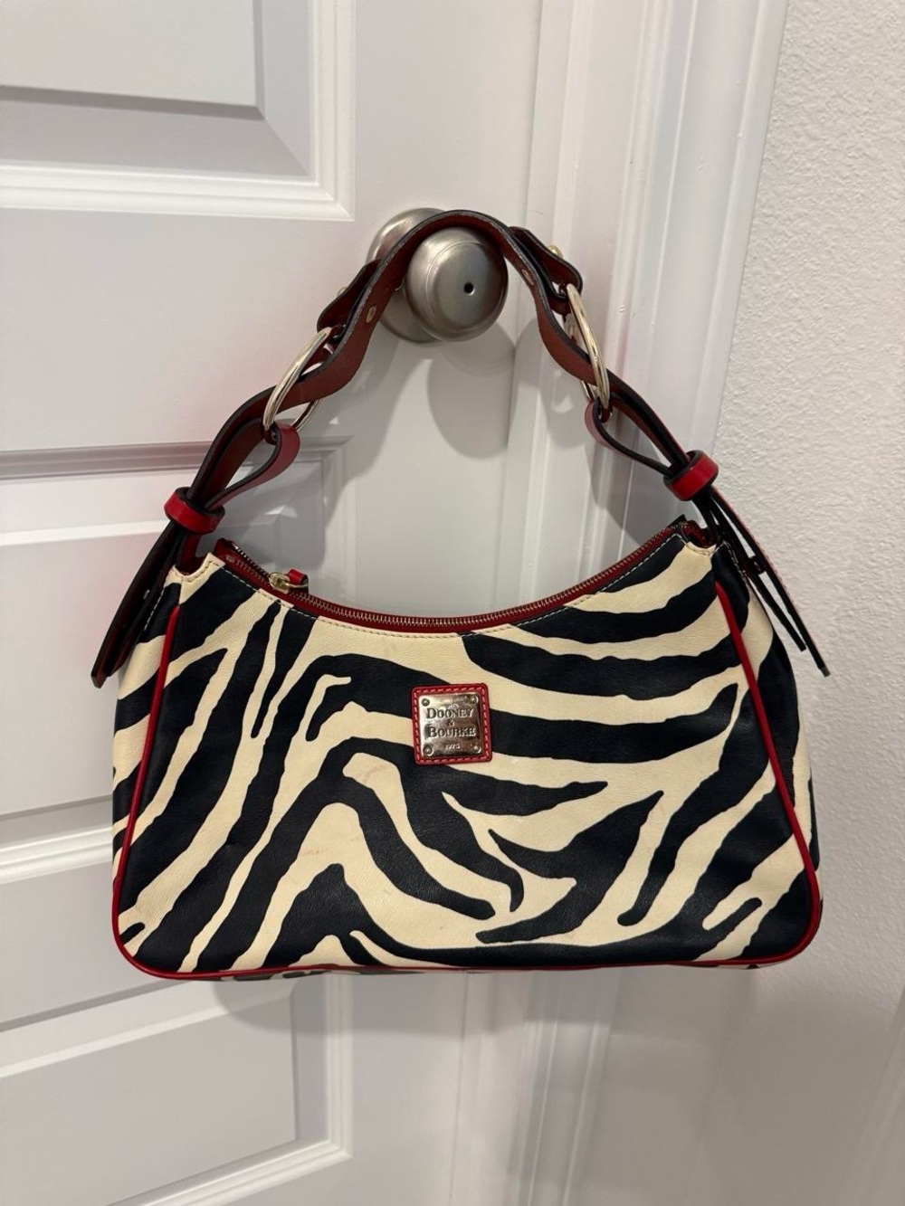Dooney & Bourke Black & Cream Zebra Shoulder Bag with Red Trim